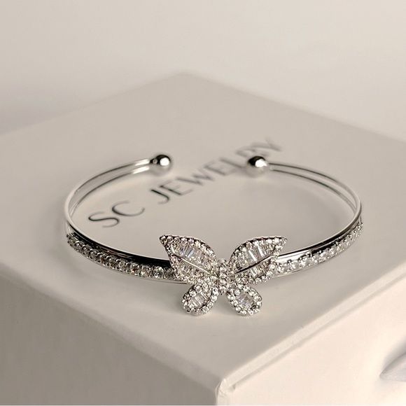 Butterfly Bangle Bracelet Platinum Plated Baguette Stone - Picture 7 of 12